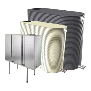 Three slimline steel rainwater tanks in various sizes, colours and finishes, including corrugated and galvanised models.