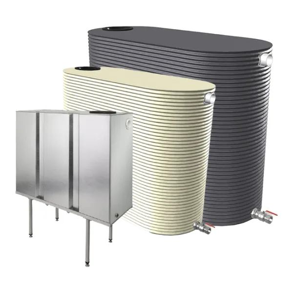 Three slimline steel rainwater tanks in various sizes, colours and finishes, including corrugated and galvanised models.