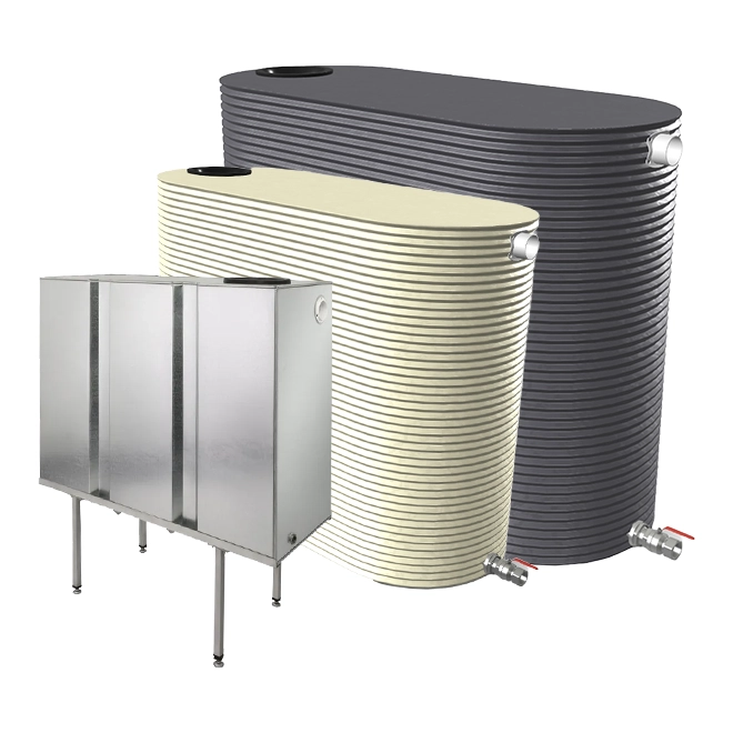 Slimline Steel Rainwater Tanks – Multiple Sizes & Finishes Three slimline steel rainwater tanks in various sizes, colours and finishes, including corrugated and galvanised models.