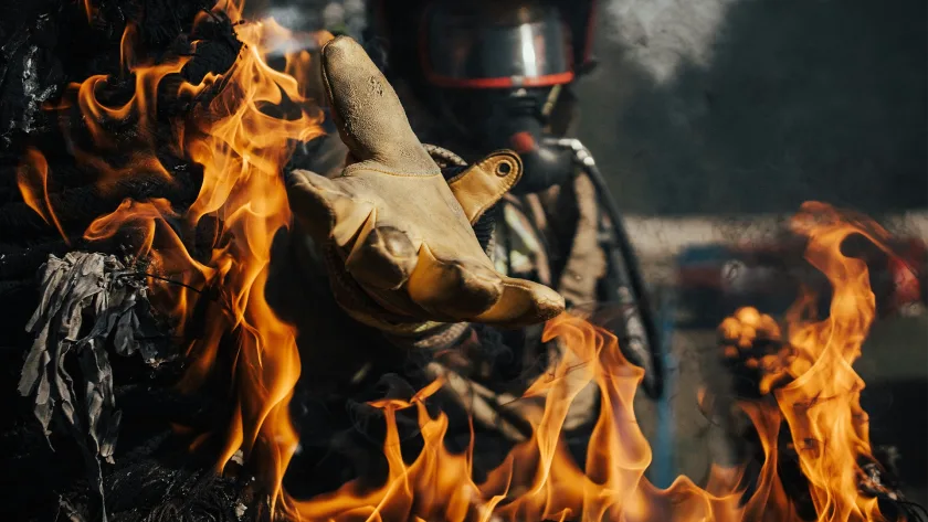 Firefighter reaching through flames in full protective gear during an emergency fire response
